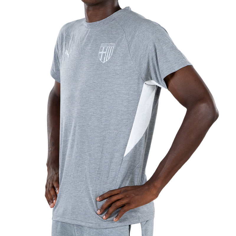 T-shirt grigia uomo con bande laterali bianchi, logo Parma Calcio e Puma