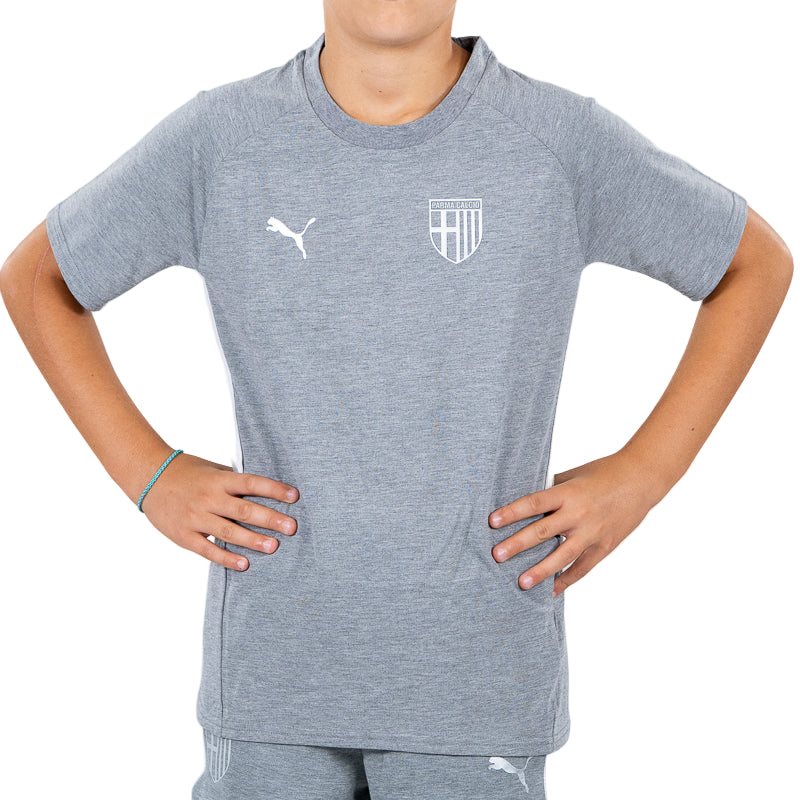 T-shirt blu grigio bambino con bande laterali bianche, logo Parma Calcio e Puma