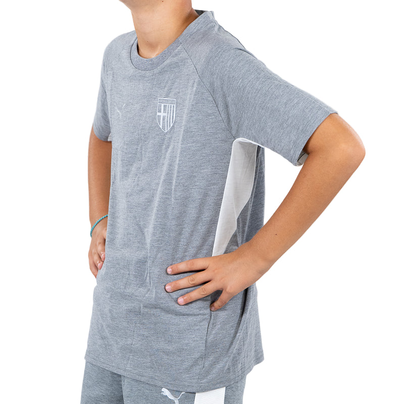 T-shirt grigio bambino con bande laterali bianche, logo Parma Calcio e Puma