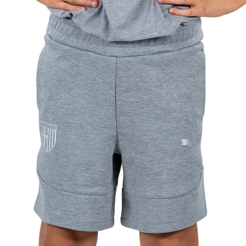 Bermuda grigio bambino con bande laterali bianche, elastico in vita, logo Parma Calcio e Puma