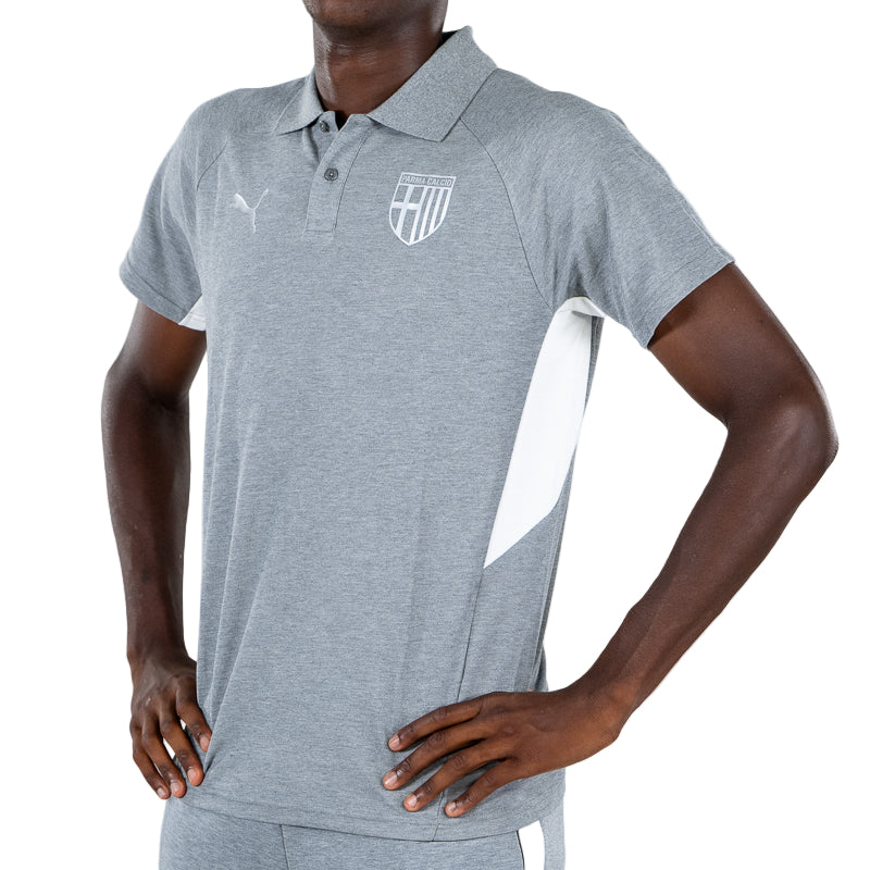 Polo grigia uomo con bande laterali bianchi, logo Parma Calcio e Puma