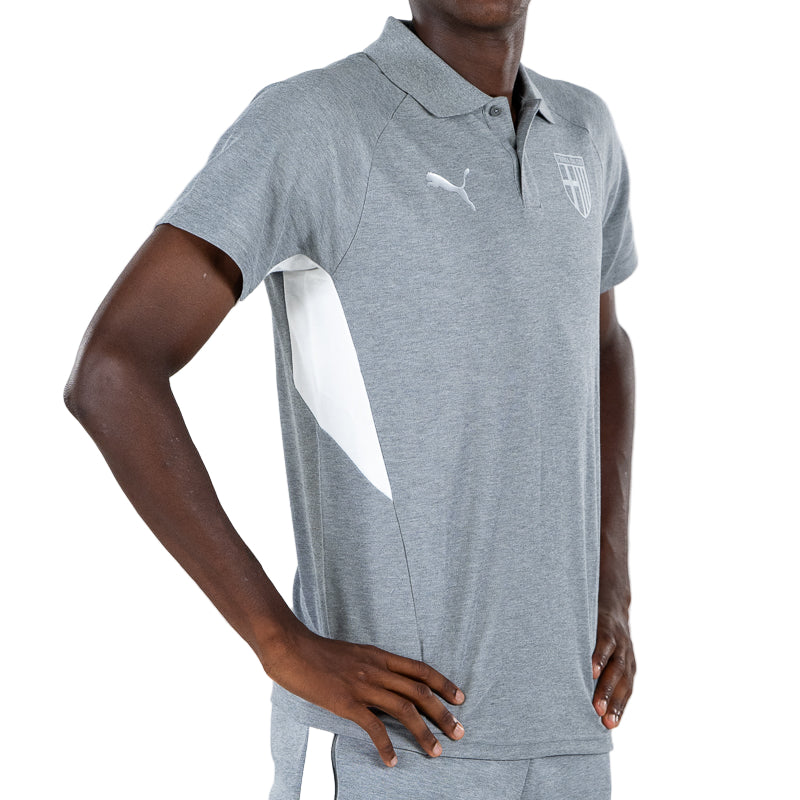 Polo grigia uomo con bande laterali bianchi, logo Parma Calcio e Puma