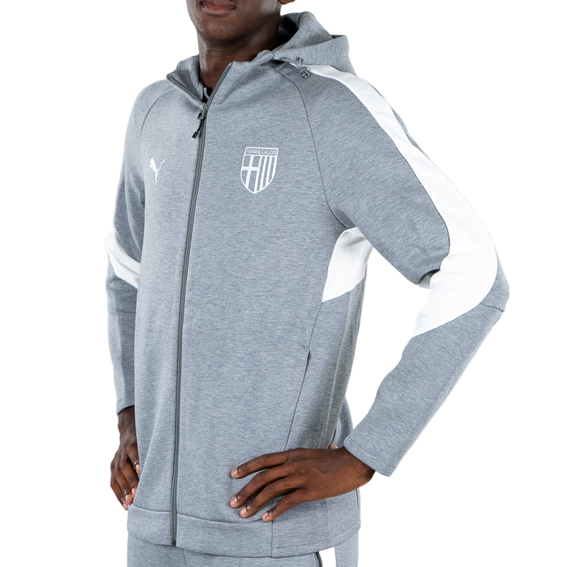 Felpa con cappuccio e zip uomo grigia, bande laterali in vita e sulle maniche, logo Parma Calcio e Puma