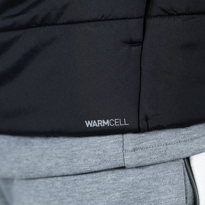 piumino smanicato nero adulto con zip dettaglio Warmcell, tasche laterali con cerniera, colletto, tasche interne, logo Parma Calcio e Puma