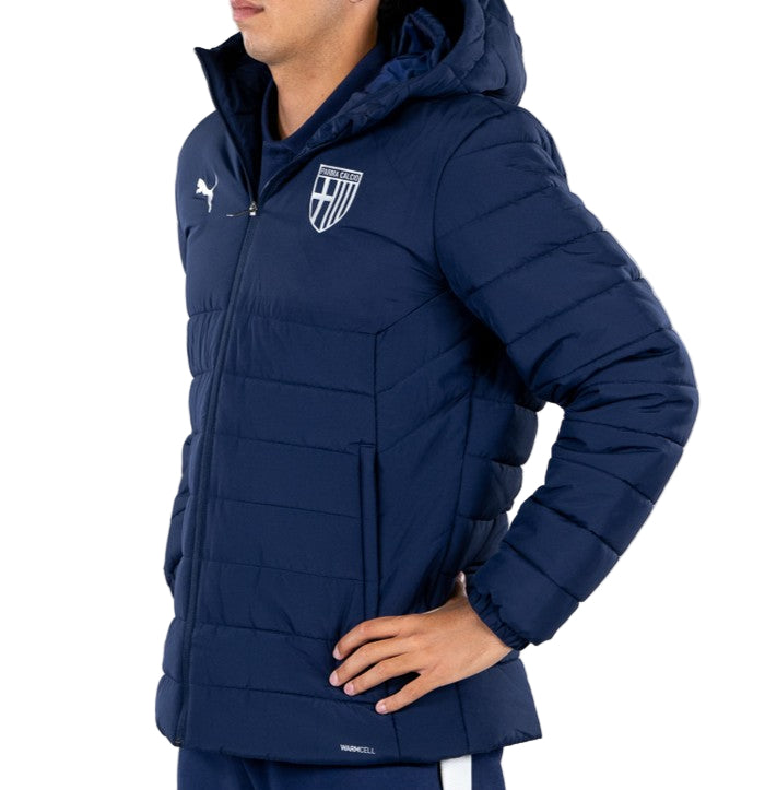Giacca imbottita blu navy uomo con cappuccio, zip, tasche laterali, logo Parma Calcio e logo Puma 