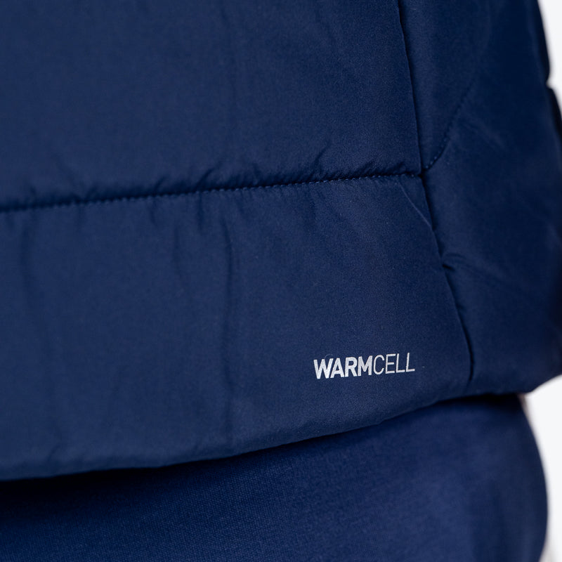 Giacca imbottita blu navy uomo con cappuccio, zip, scritta Warmcell, tasche laterali, logo Parma Calcio e logo Puma 