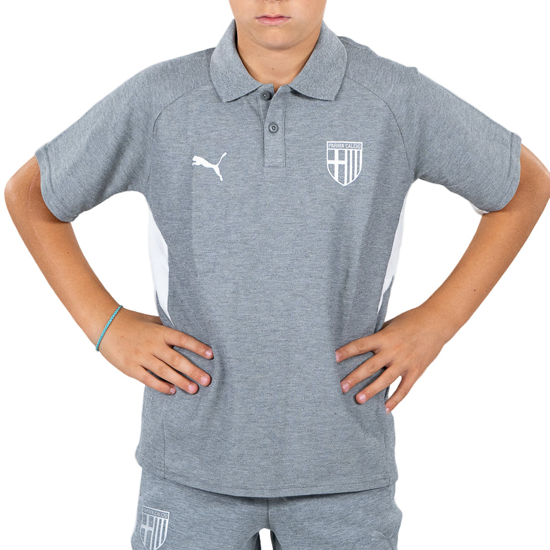 Polo grigio bambino con bande laterali bianche, colletto revers, logo Parma Calcio e Puma
