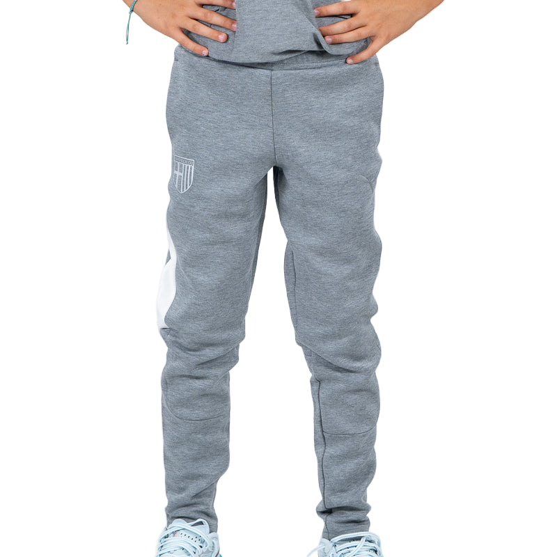 Pantalone tuta lungo grigio bambino con elastico in vita, bande laterali bianche, logo Parma Calcio e logo Puma