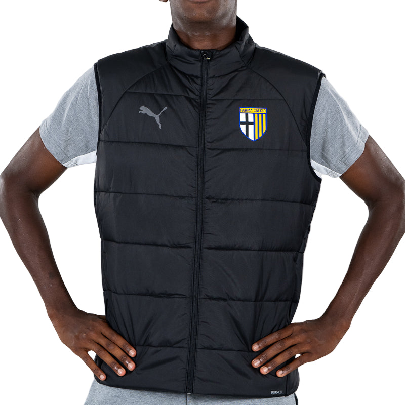 piumino smanicato nero adulto con zip, tasche laterali con cerniera, colletto, tasche interne, logo Parma Calcio e Puma