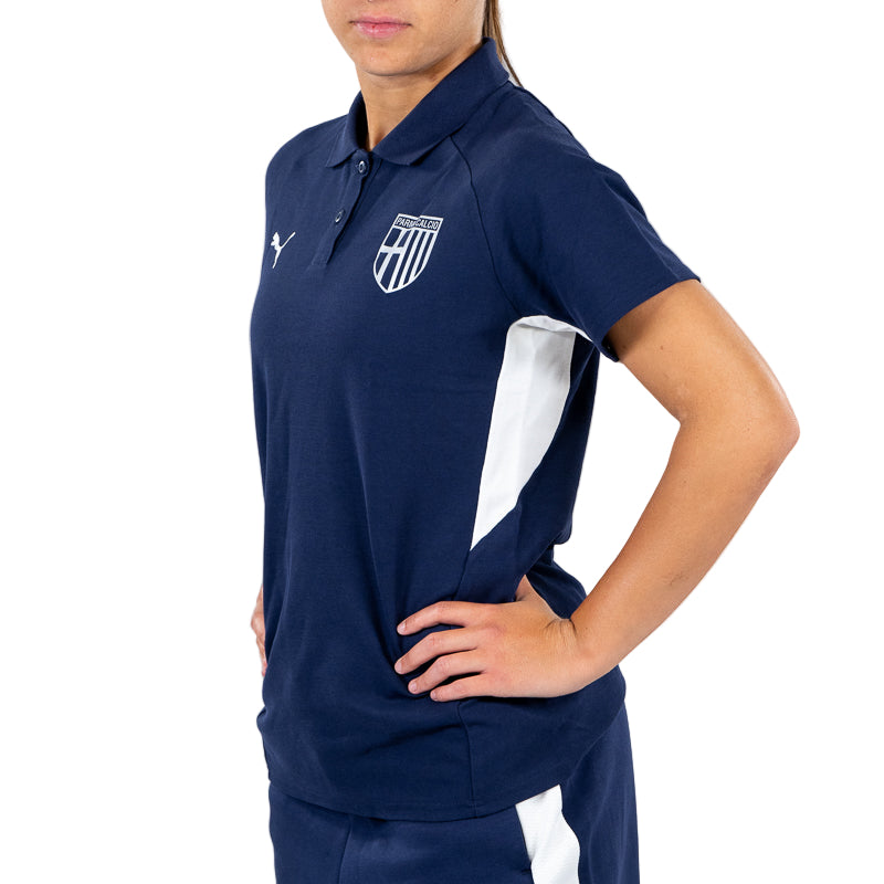 Polo blu navy woman con bande laterali bianchi, colletto revers logo Parma Calcio e Puma