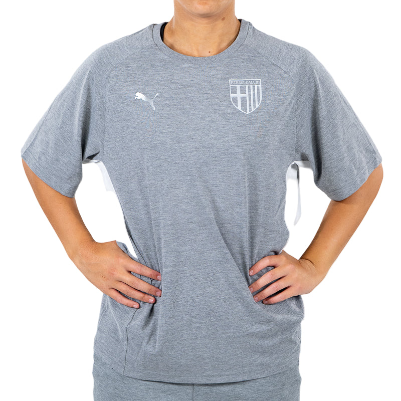T-shirt grigia woman con bande laterali bianchi, logo Parma Calcio e Puma