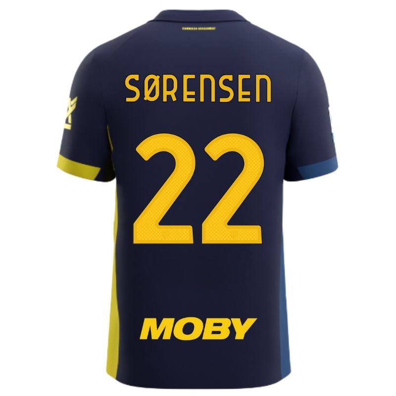 Maglia gara Parma Calcio Fourth blu con bande laterali giallo e blu personalizzata con nome e numero Sorensen 22, sponsor e patch serie A