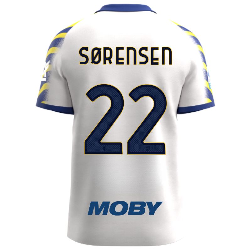 Maglia gara Parma Calcio Third bianca con colletto e maniche a strisce giallo-blu personalizzata con nome e numero Sorensen 22, sponsor e patch serie A