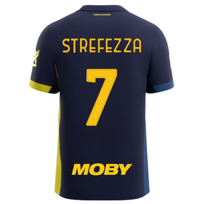 Maglia gara fourth adulto blu con bande laterali gialli e blu e personalizzazione Strefezza 7