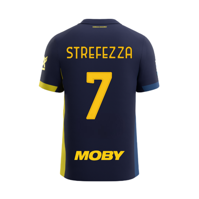 Maglia gara fourth junior blu con bande laterali gialli e blu e personalizzazione Strefezza 7