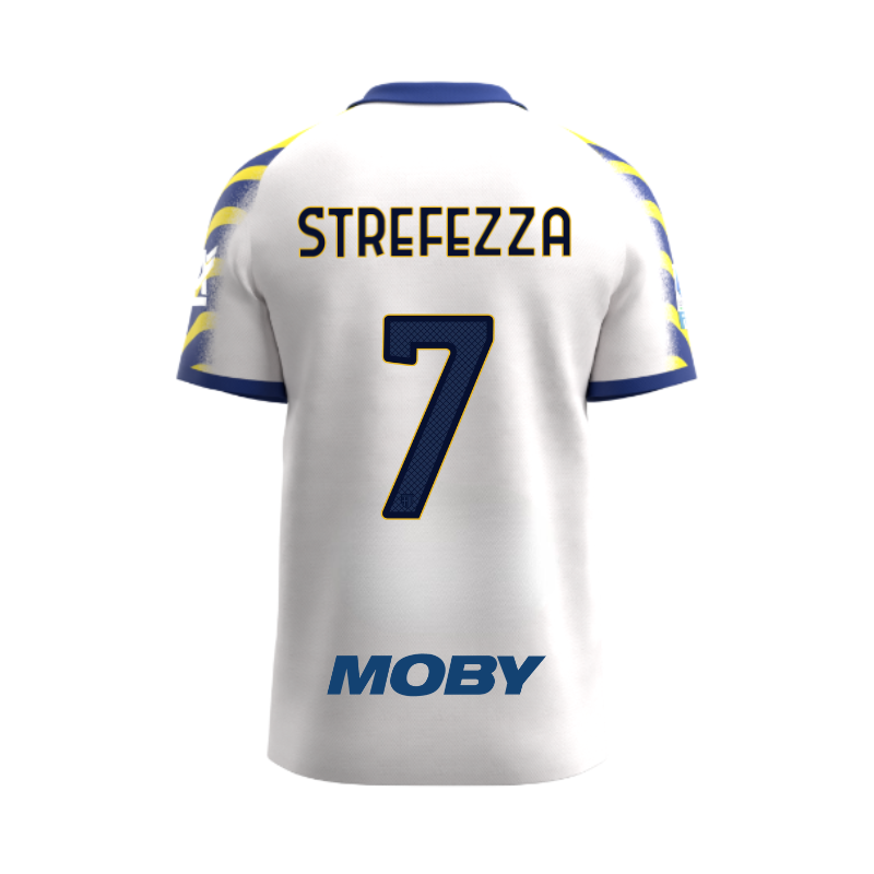 Maglia gara third junior bianca con maniche gialle e blu  e personalizzazione Strefezza 7