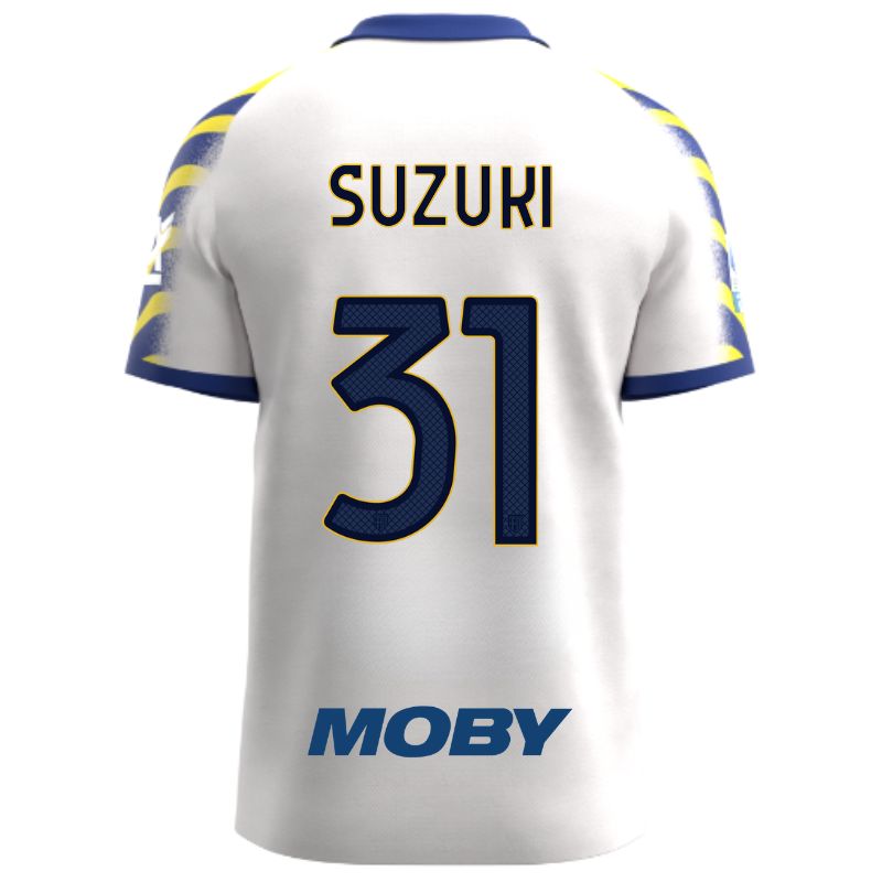 Maglia gara Parma Calcio Third bianca con colletto e maniche a strisce giallo-blu personalizzata con nome e numero Suzuki 31, sponsor e patch serie A