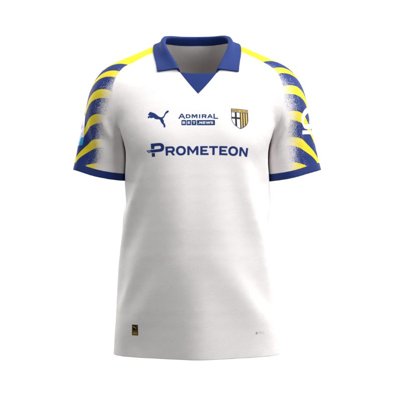 Maglia gara Third Parma Calcio 25/26 bianca con maniche a righe giallo e blu