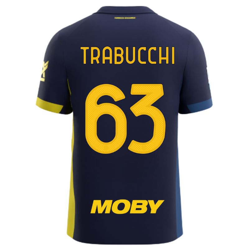 Maglia gara Parma Calcio Fourth blu con bande laterali giallo e blu personalizzata con nome e numero Trabucchi 63, sponsor e patch serie A
