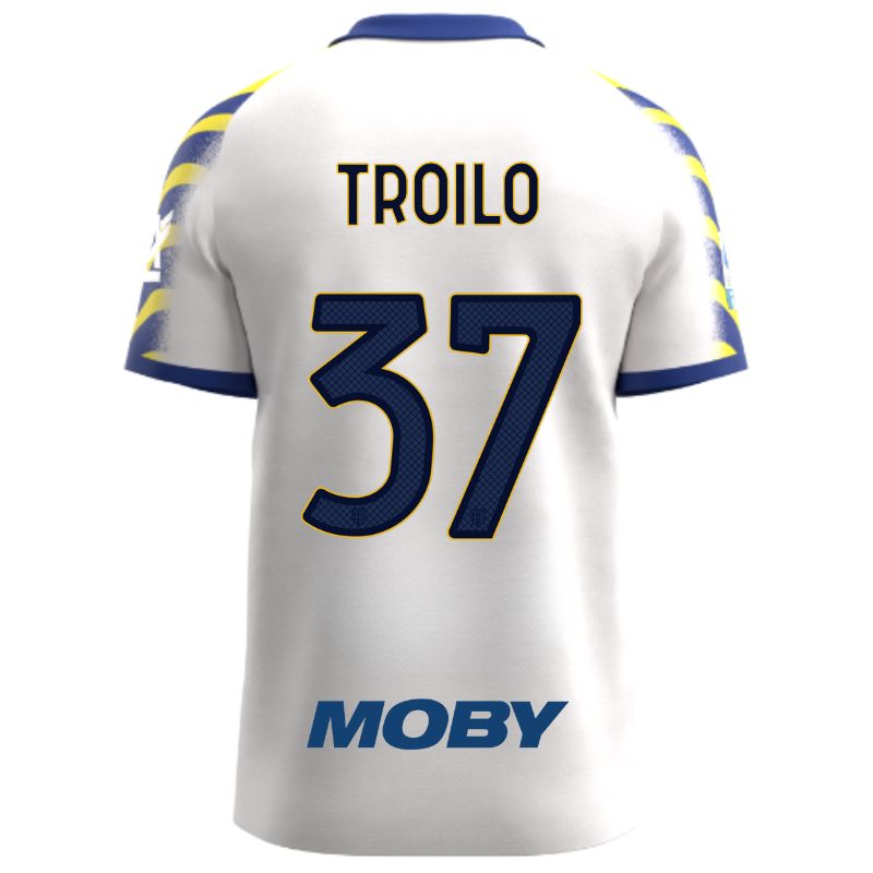 Maglia gara Parma Calcio Third bianca con colletto e maniche a strisce giallo-blu personalizzata con nome e numero Troilo 37, sponsor e patch serie A