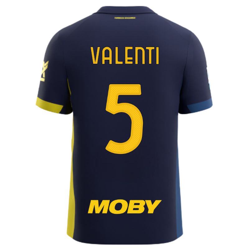Maglia gara Parma Calcio Fourth blu con bande laterali giallo e blu personalizzata con nome e numero Valenti 5, sponsor e patch serie A