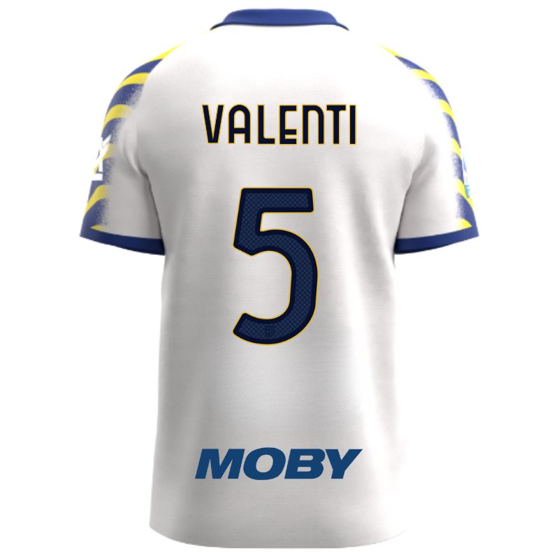 Maglia gara Parma Calcio Third bianca con colletto e maniche a strisce giallo-blu personalizzata con nome e numero Valenti 5, sponsor e patch serie A