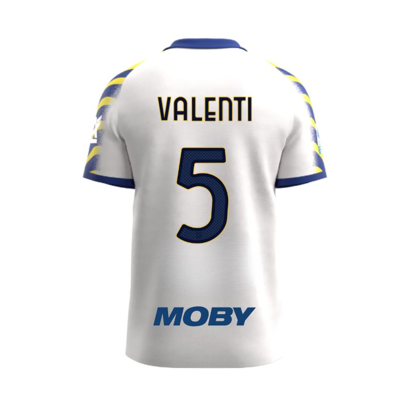 Maglia gara Junior Third Parma Calcio bianca con maniche a righe giallo e blu personalizzata con nome e numero Valenti 5, sponsor e patch serie A