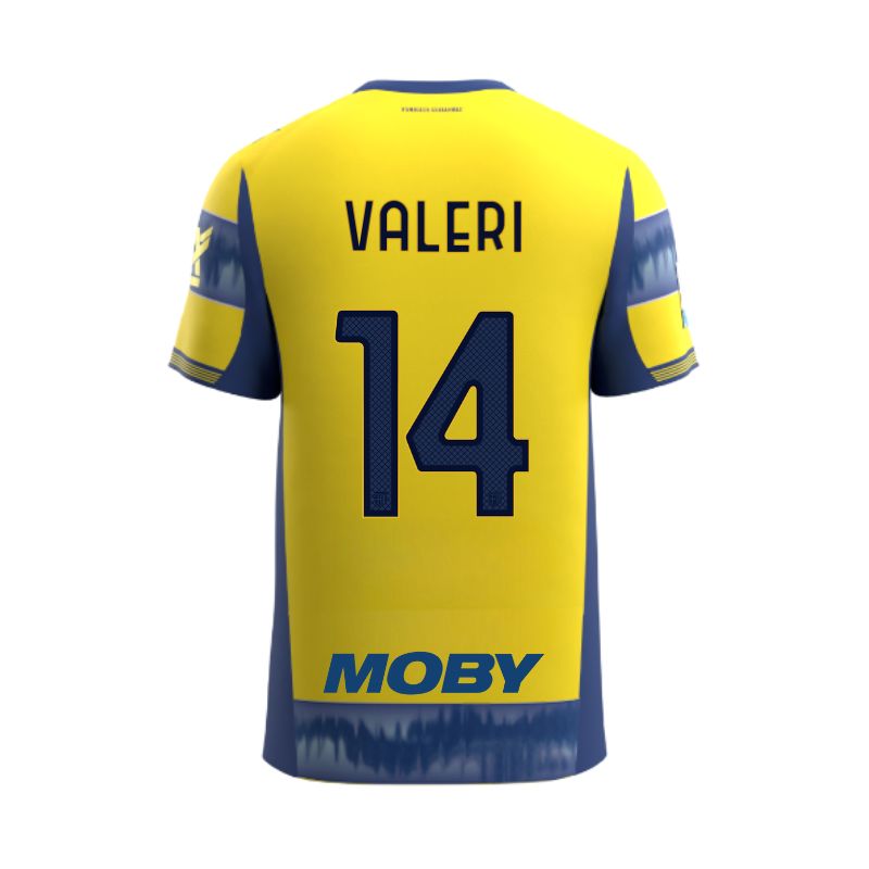 Maglia gara Junior Away Parma Calcio a righe giallo e blu personalizzata con nome e numero Valeri 14, sponsor e patch serie A
