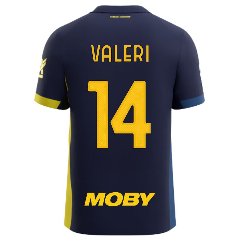 Maglia gara Parma Calcio Fourth blu con bande laterali giallo e blu personalizzata con nome e numero Valeri 14, sponsor e patch serie A