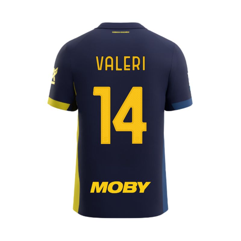 Maglia gara Junior Fourth Parma Calcio blu bande laterali giallo e blu personalizzata con nome e numero Valeri 14, sponsor e patch serie A