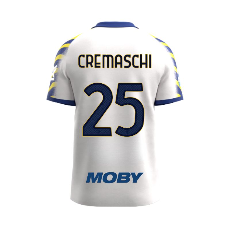 Maglia gara Junior Third Parma Calcio bianca con maniche a righe giallo e blu personalizzata con nome e cremaschi 25, sponsor e patch serie A