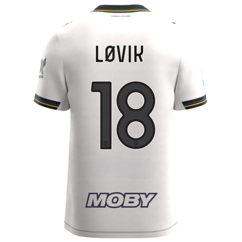 Maglia gara Home Parma Calcio Warm White con croce nera colletto a V, i dettagli in blu e giallo personalizzata con nome e numero Lovik 18, sponsor e patch serie A