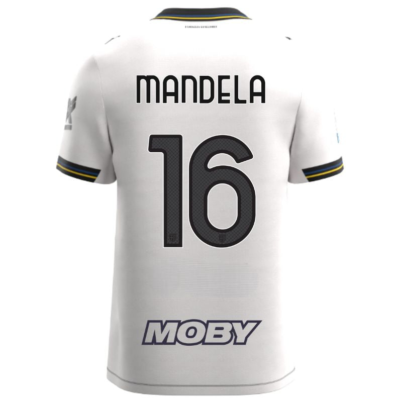 Maglia gara Home Parma Calcio Warm White con croce nera colletto a V, i dettagli in blu e giallo personalizzata con nome e numero Mandela 16, sponsor e patch serie A