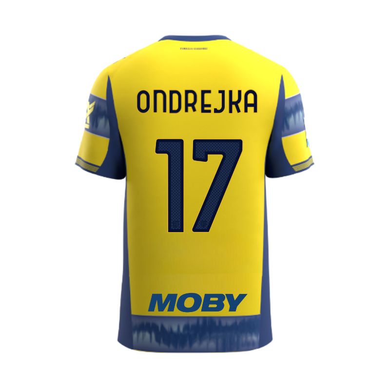 Maglia gara Junior Away Parma Calcio a righe giallo e blu personalizzata con nome e numero Ondrejka 17, sponsor e patch serie A