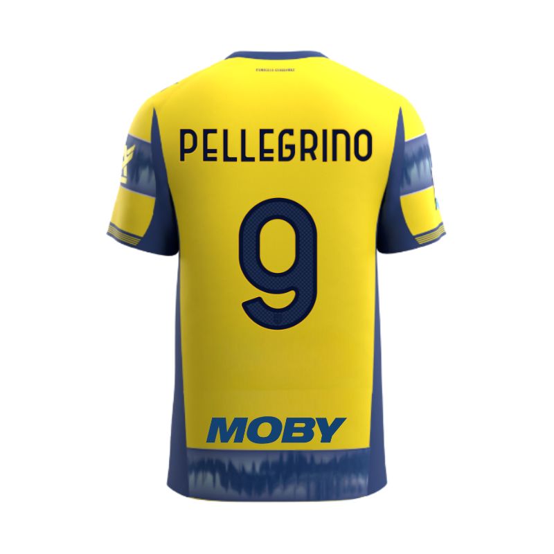 Maglia gara Junior Away Parma Calcio a righe giallo e blu personalizzata con nome e numero Pellegrino 9, sponsor e patch serie A