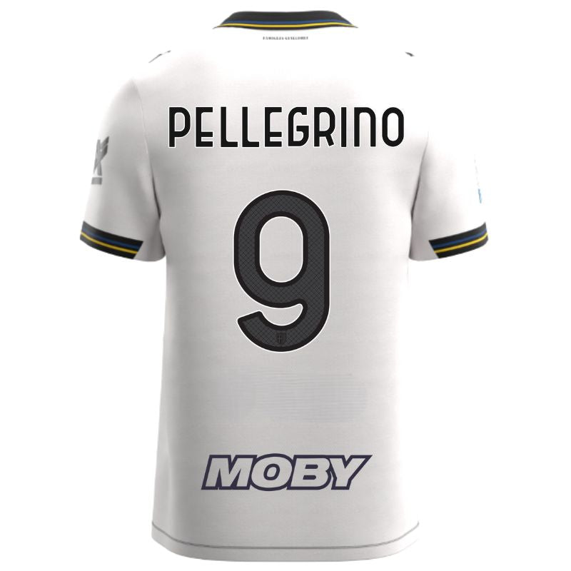 Maglia gara Home Parma Calcio Warm White con croce nera colletto a V, i dettagli in blu e giallo personalizzata con nome e numero Pellegrino 9, sponsor e patch serie A